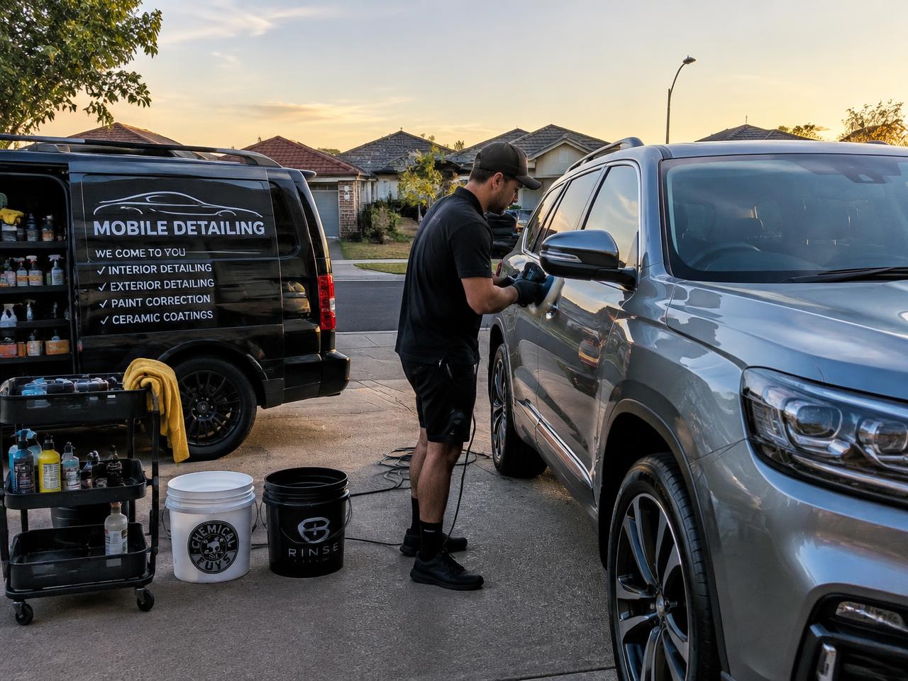 Detail Xpress detailing a silver SUV on a customer's driveway in Sydney