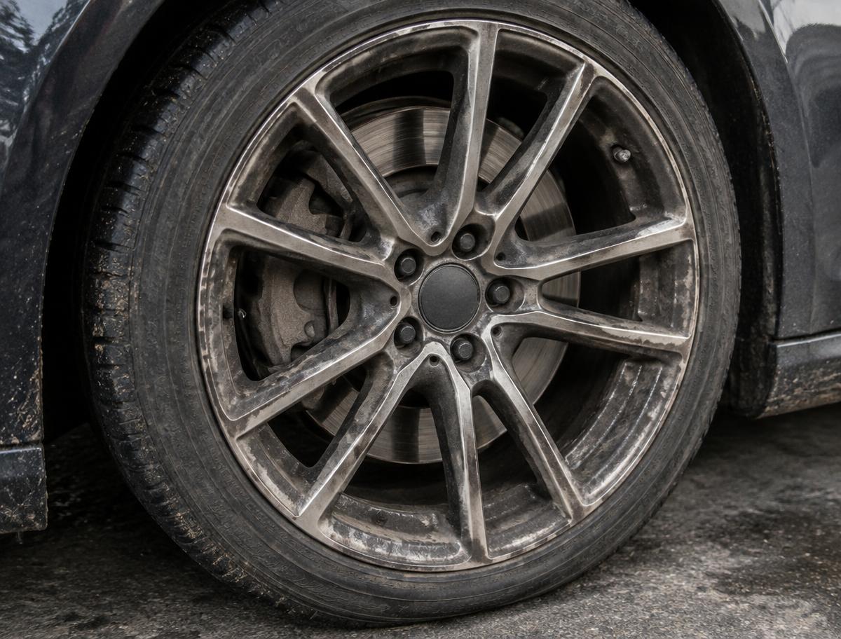 Alloy wheel covered in brake dust and road grime before cleaning